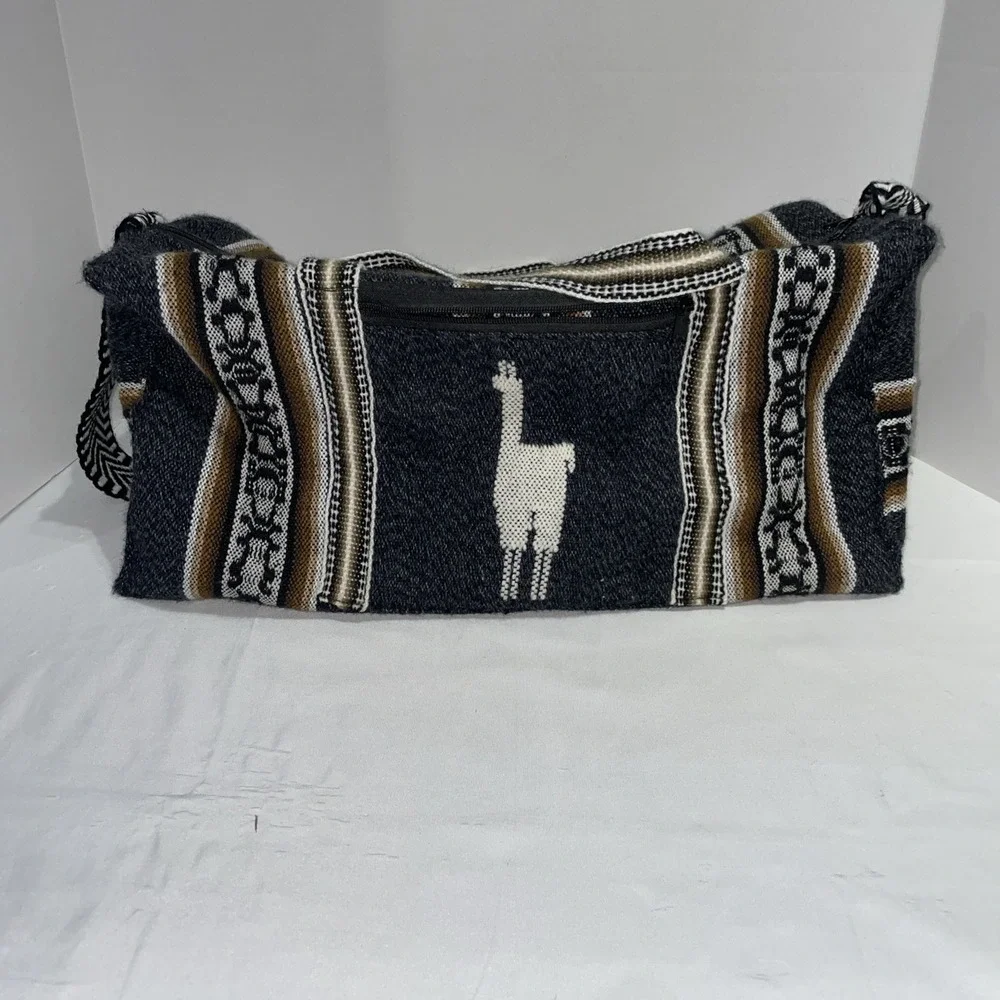Woven Llama Duffel Bag Peruvian Wool Blend Travel Weekend Bag Gray Brown Stripe